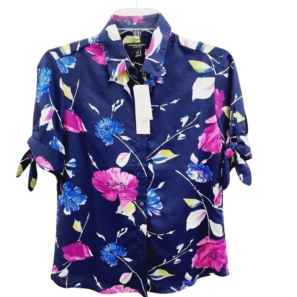 NWT Banana Republic Dillon‎ Shirt Blue Floral Tie Sleeve Button Down Petite XS